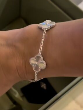 Silver Floral Motif Bracelet, Stainless Steel Silver Clover Bracelet